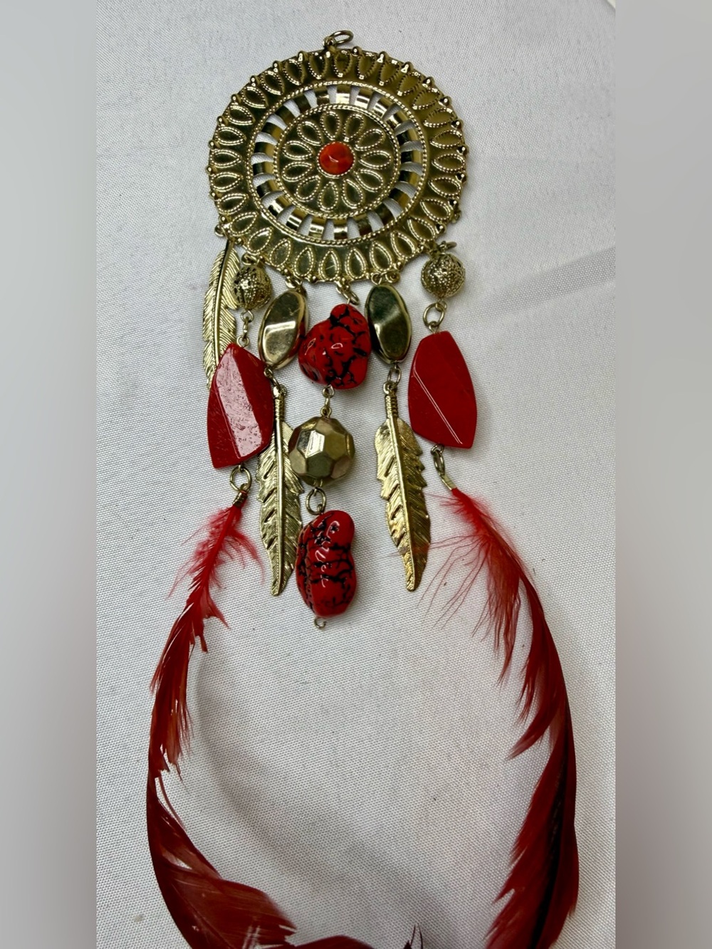 Necklace Pendant Dreamcatcher Style Gold and Red  with Red Feathers